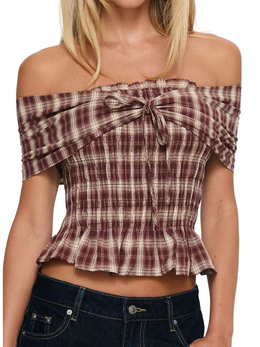 Princess Polly Burgundy Plaid Off-Shoulder Tie-Front Peplum Crop Top